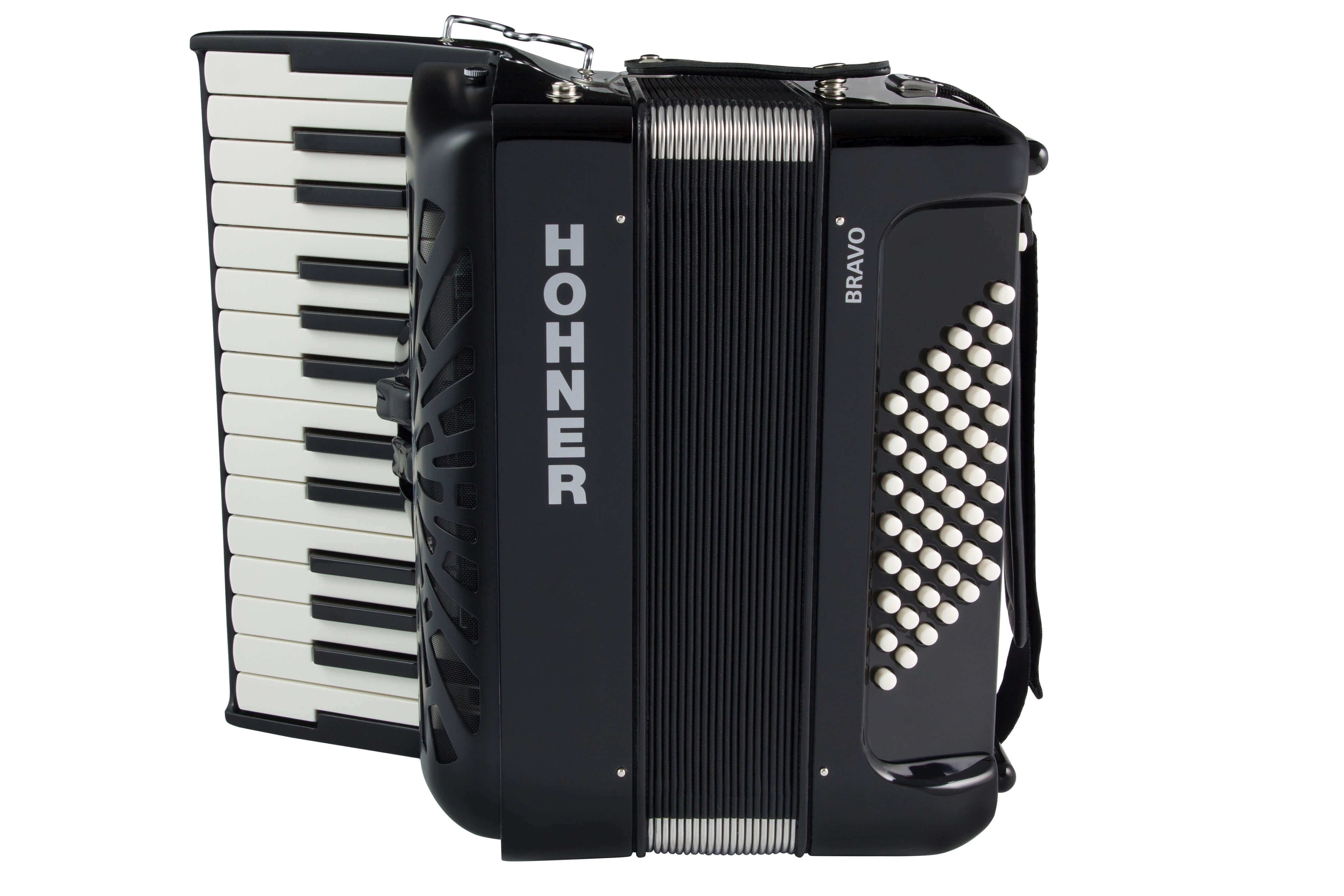 Acordeón de piano Hohner Bravo II 48 con funda y correas en color negro BR48BLK